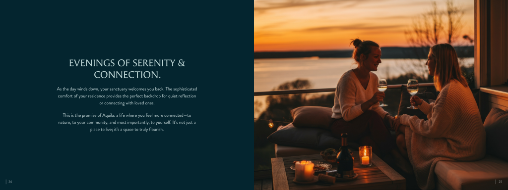 Two people sit on a cozy outdoor patio at sunset, sharing drinks and a meal under the serene sky, with Aquila gliding above scenic water and trees in the background.