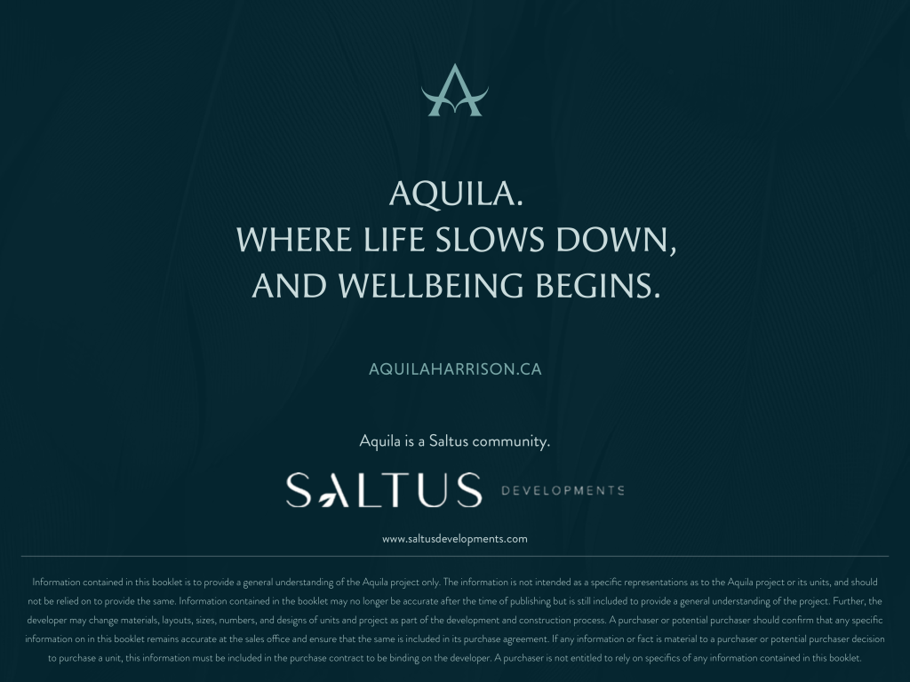 A minimalist advertisement for Aquila, a Saltus community, featuring the tagline "Where life slows down, and wellbeing begins," with Aquila’s website and legal disclaimer text at the bottom.