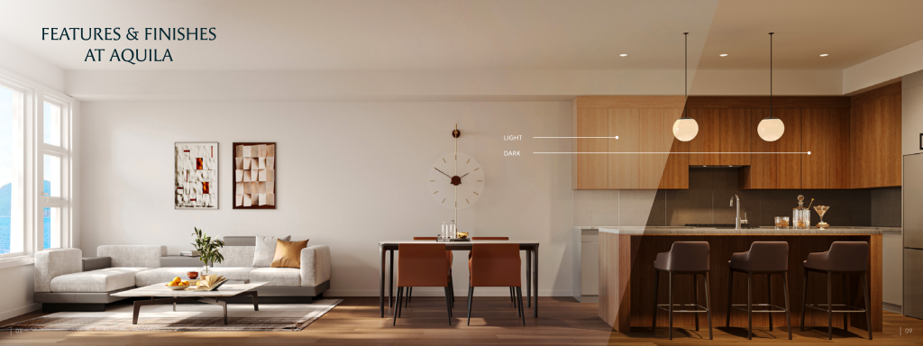 Modern open-concept living space in the Aquila style with a kitchen, dining area, and living room; features wood cabinetry, pendant lights, and floor-to-ceiling windows.