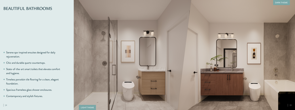 Side-by-side comparison of two modern bathrooms, one with light finishes and one with dark finishes, featuring Aquila vanities, toilets, mirrors, artwork, and glass-enclosed showers.