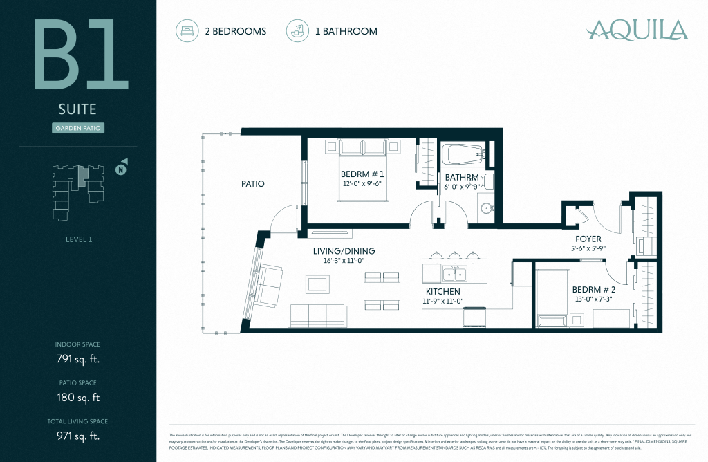 Aquila floor plan for a two-bedroom, one-bathroom suite with patio, living/dining area, kitchen, and foyer; total living space is 971 sq. ft., including 791 sq. ft. indoors and a spacious 180 sq. ft. patio.