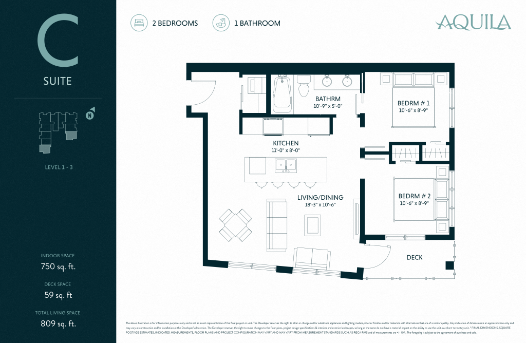 Aquila floor plan for a two-bedroom, one-bathroom apartment suite, featuring a kitchen, living/dining area, bedrooms, bathroom, and deck. Total living space is 809 sq. ft.
