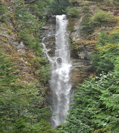 A tall, narrow waterfall cascades down a rocky cliff surrounded by green trees and vegetation—a perfect spot to enjoy spring activities in Harrison Hot Springs.