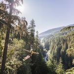 A person rides a zipline through a forested mountain landscape on a sunny day, enjoying an alpine adventure with tall trees and a scenic valley—one of the top things to do during Whistler summer.