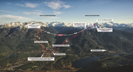 Aerial view of Whistler and Blackcomb mountains with labeled ski trails, gondolas, village areas, and the Peak 2 Peak gondola route—perfect for exploring summer in Whistler as well as winter adventures.